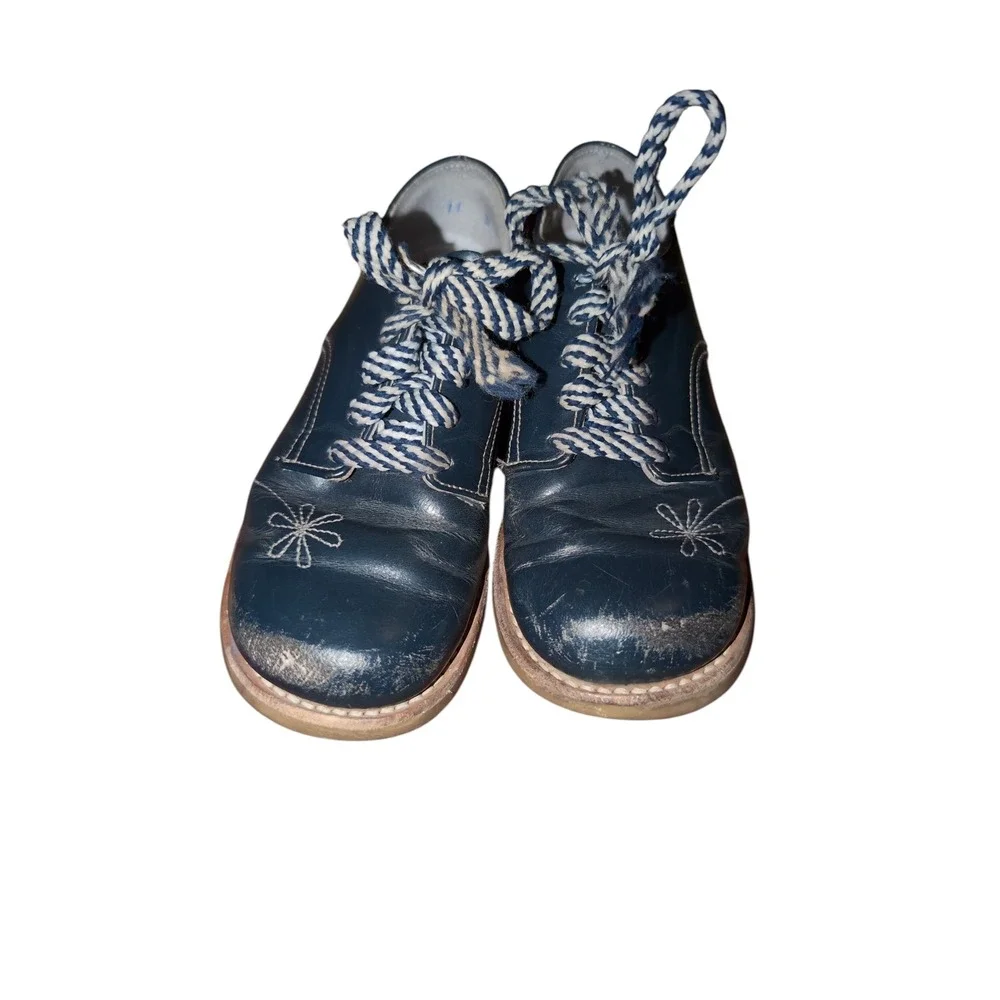 Vintage Navy Blue Leather Floral Embroidered Oxford Shoes Kids Size 8 D 142089